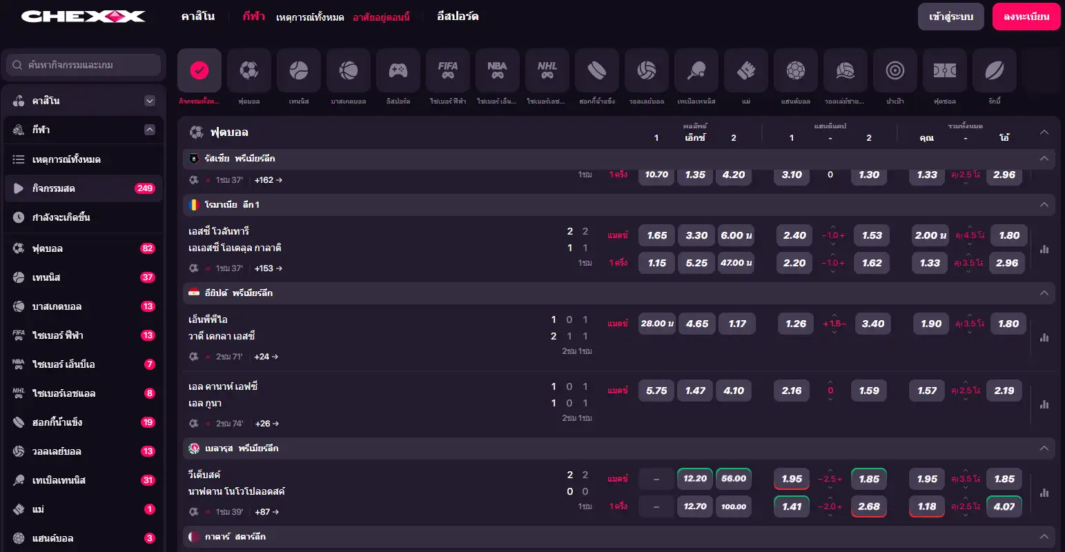 ภาพหน้าจอส่วน Sports และ Esports ของ CHEXX